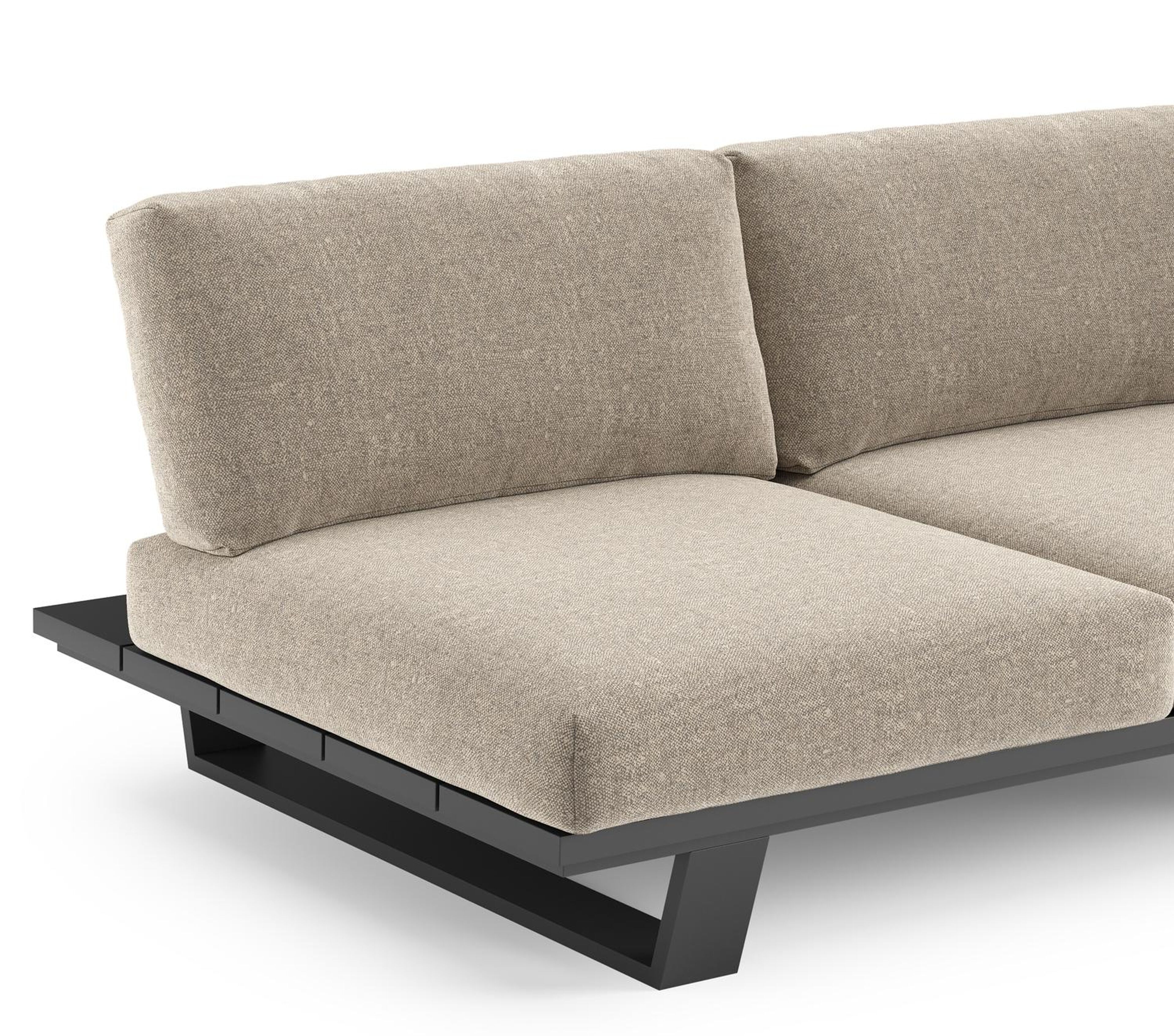 Canapé de jardin Pagino en aluminium noir et coussins en all weather sunbrella® luxe chartres pewter