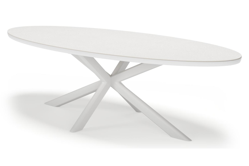 Pamplona ovale tuinset in wit aluminium en sintered stone topo minerale met 10 Amalfi tuinstoelen