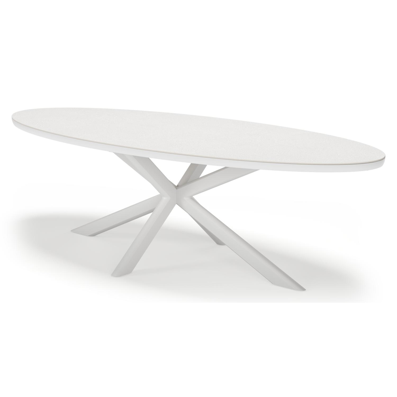 Pamplona ovale tuinset in wit aluminium en sintered stone topo minerale met 10 Amalfi tuinstoelen