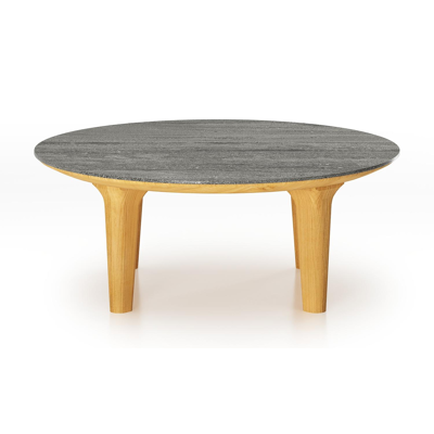 Table de basse Bomero ronde en teck et céramique pleine Aspen Grey - Diam. 85 x Haut. 25 cm