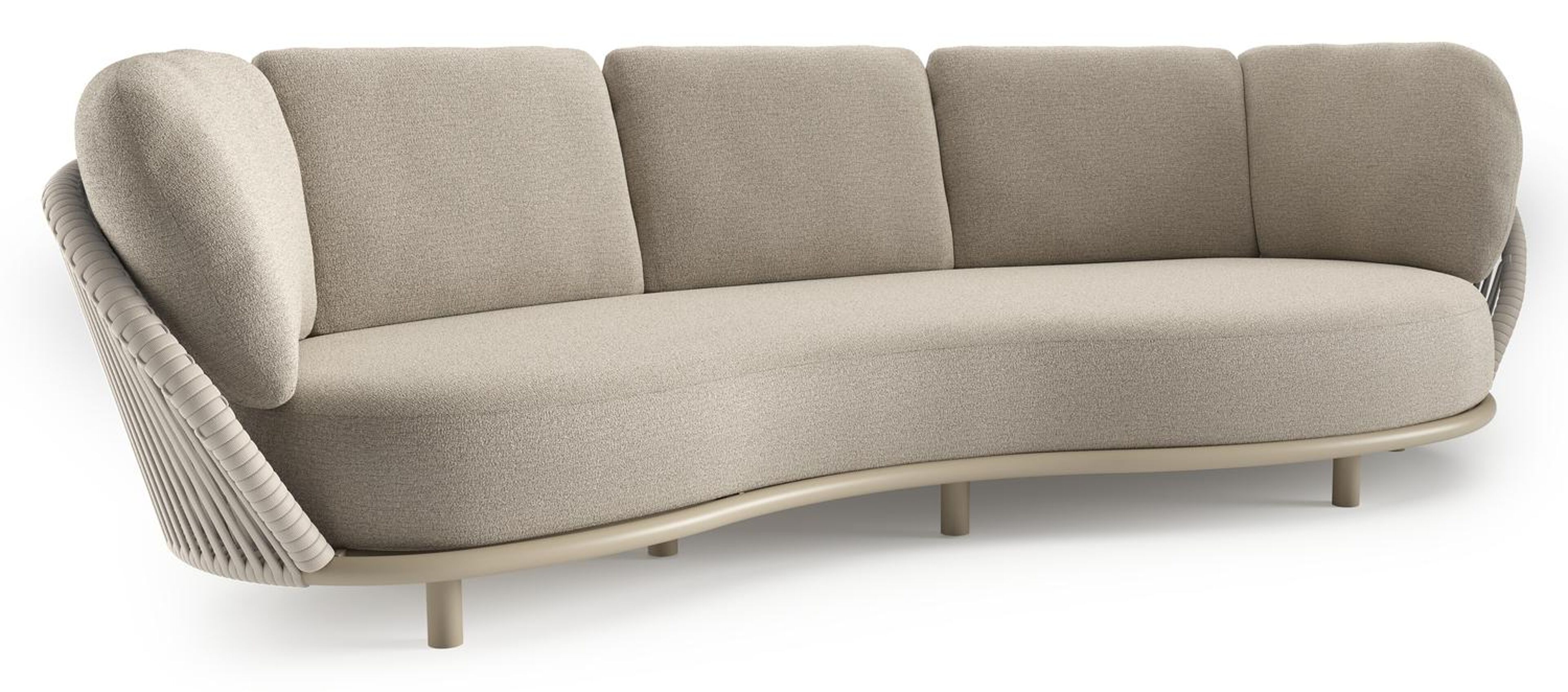 Canapé de jardin Lupino en aluminium beige et corde large plate de luxe tissée verticalement beige et coussins en all weather cosytica catania sand