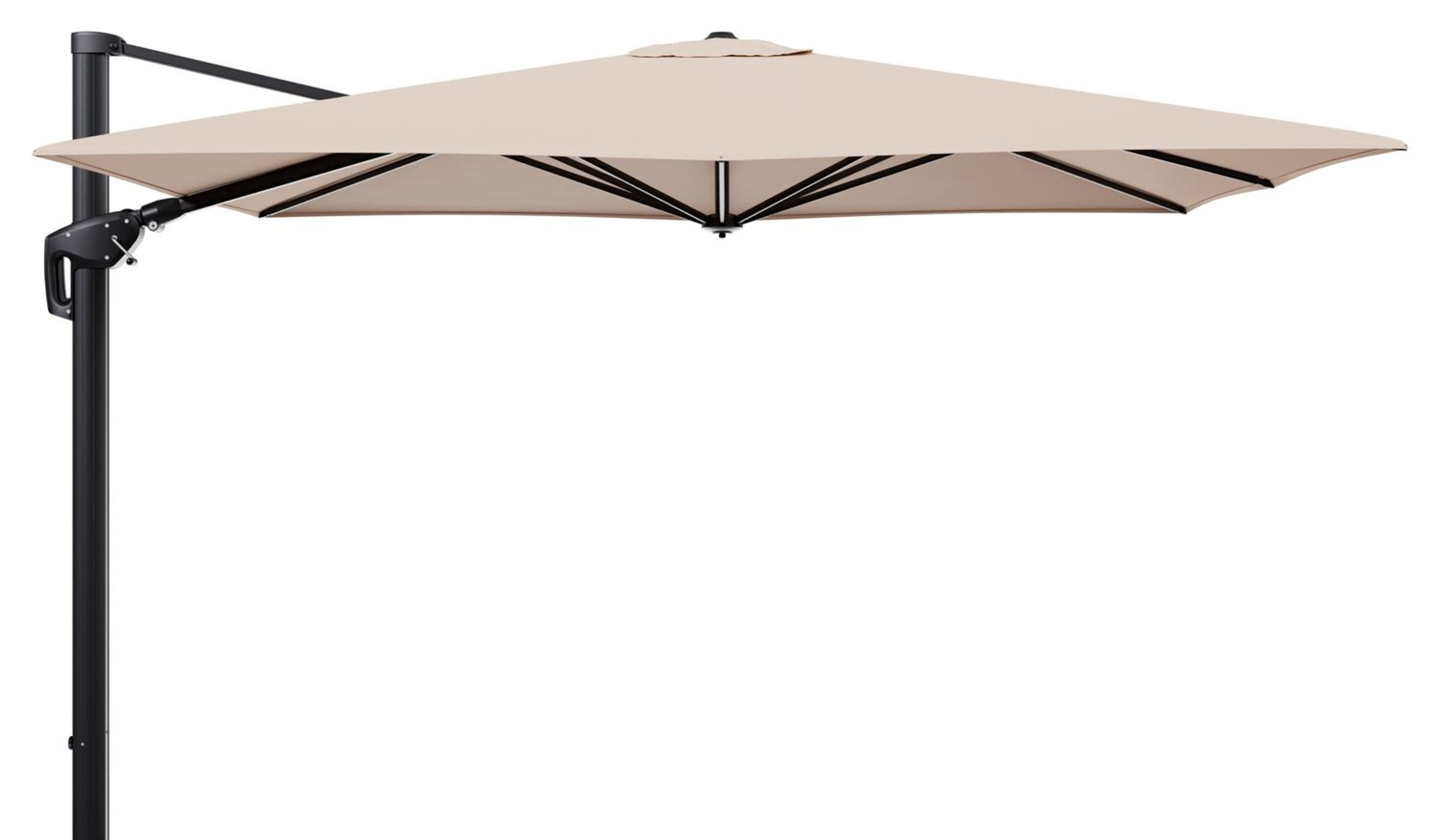 Minore zweefparasol tiltfunctie in zwart aluminium en parasoldoek in All Weather Sunbrella® Luxe Natte Linen Chalk  - L1 280 x L2: 370 cm (zonder voet) (zonder voet)