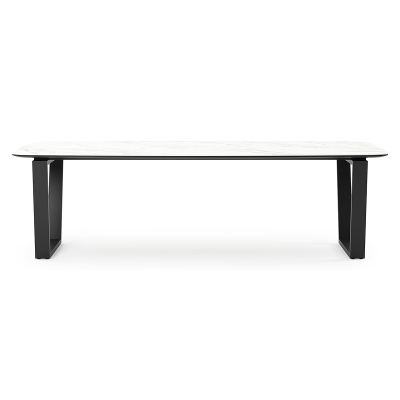 Pagino tuintafel bootvorm in zwart aluminium en volkeramiek Calacatta - L 255 x B 115 x H 73 cm