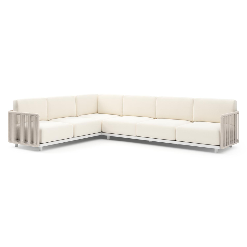 Organo loungehoek in wit aluminium en beige verticaal geweven luxe vlakke rope met natte white all weather Sunbrella® luxe kussen