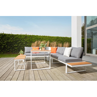 Merida loungehoek in wit aluminium en polywood met grijs polyester kussen en loungetafel