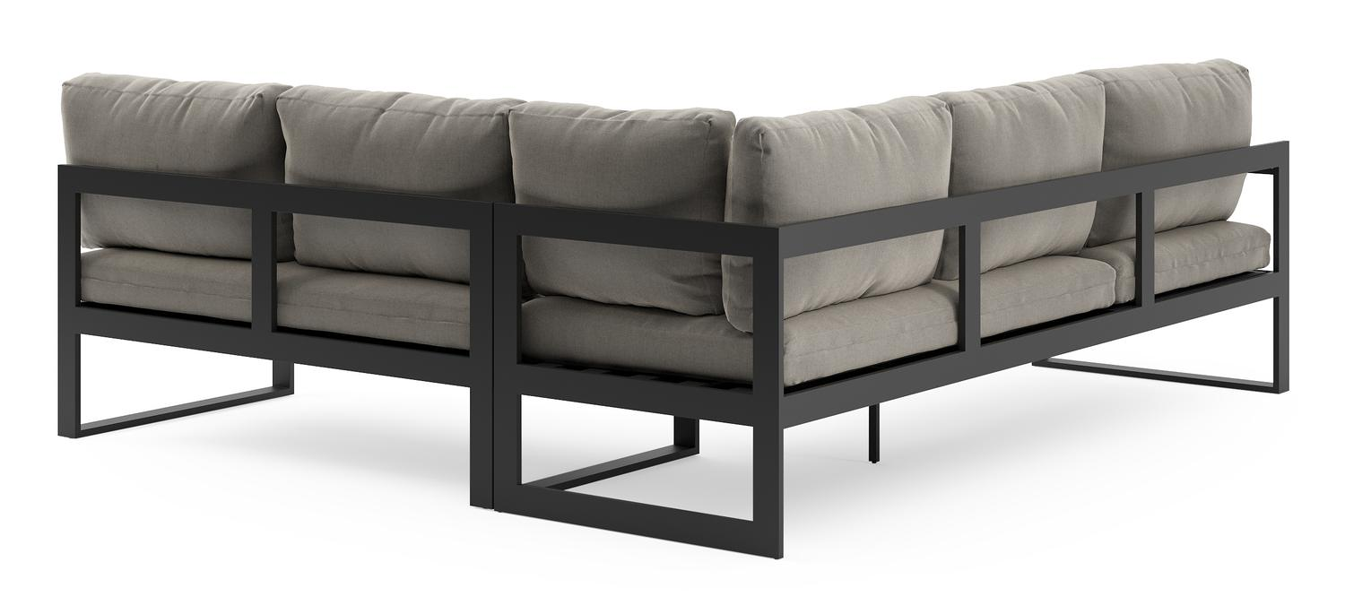 Salon de jardin d'angle Caldela en aluminium noir et coussins en weather+ softtouch gris