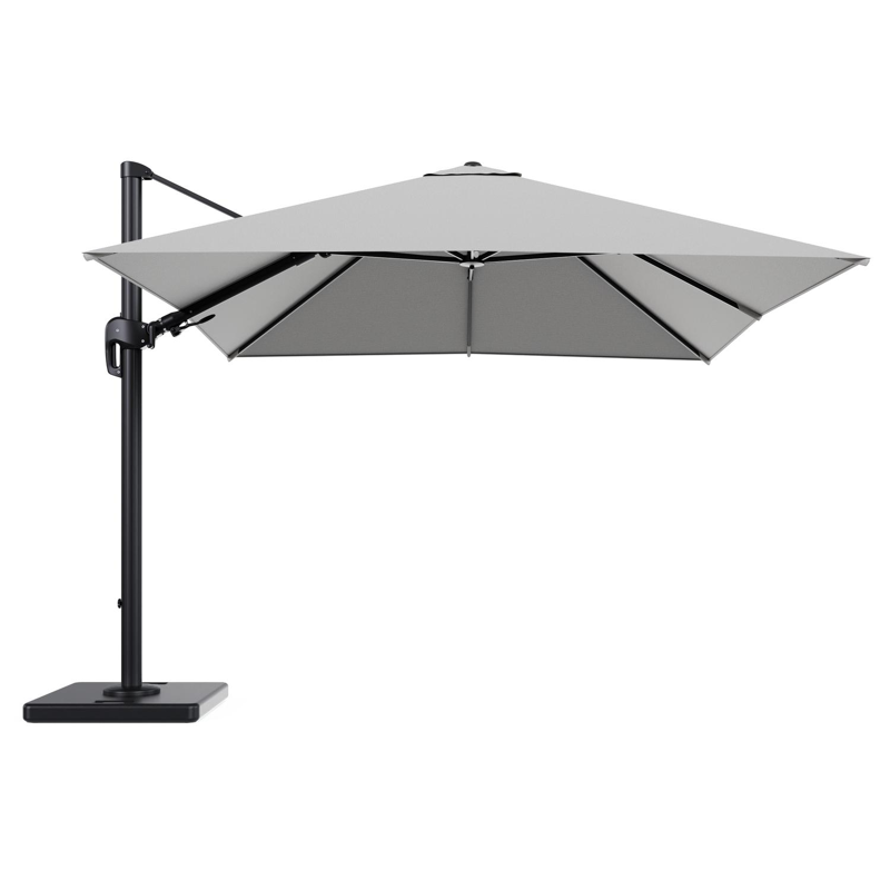 Rufina zweefparasol tiltfunctie in zwart aluminium en parasoldoek in All Weather Sunbrella® Luxe Savane Nimbus - L1 300 x L2 300 cm met parasolvoet Lapido 120 kg