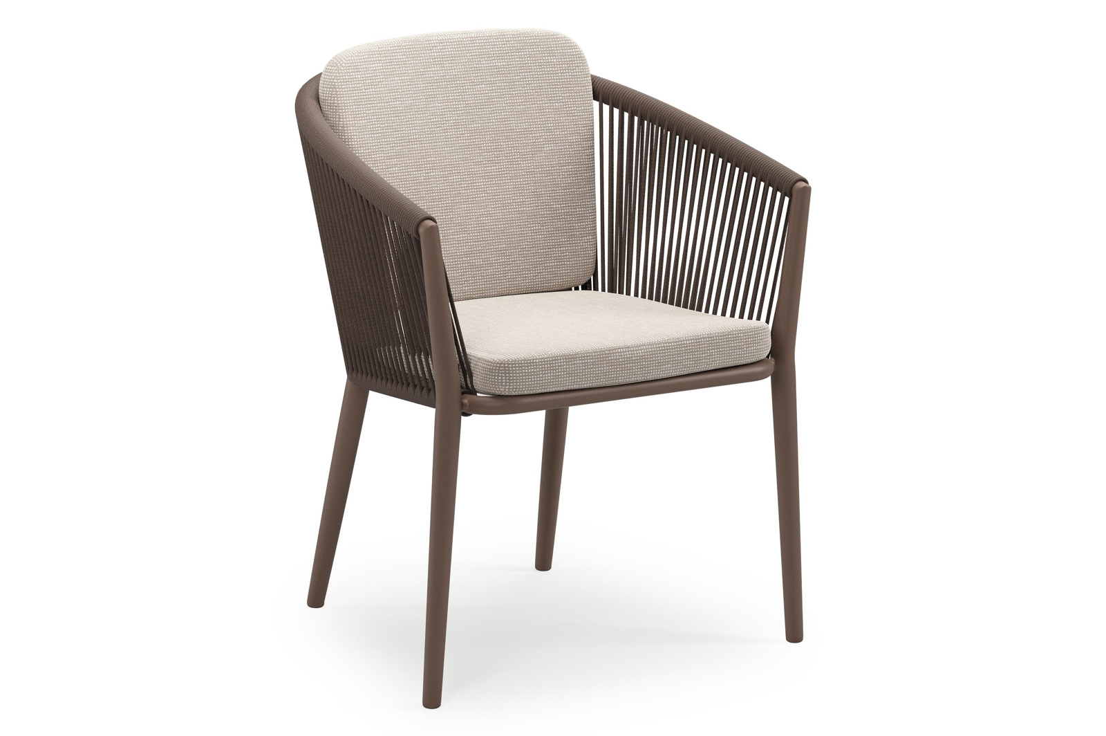 Chaise de jardin empilable Orso en aluminium taupe et corde ronde tissée verticalement taupe avec coussin en All Weather Sunbrella® Luxe Slow Farafra