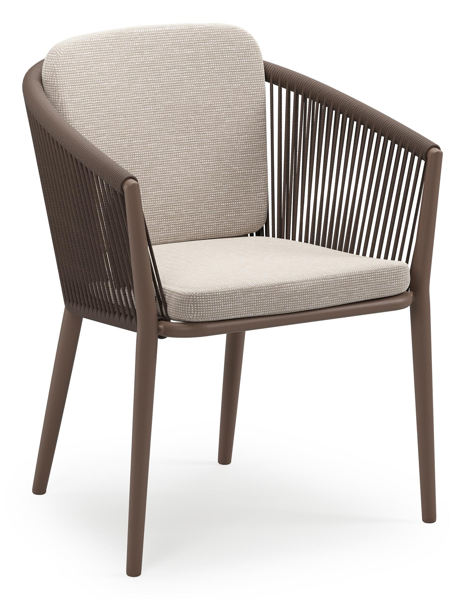 Orso stapelbare tuinstoel in taupe aluminium en taupe verticaal geweven ronde rope met stoelkussen in All Weather Sunbrella® Luxe Slow Farafra