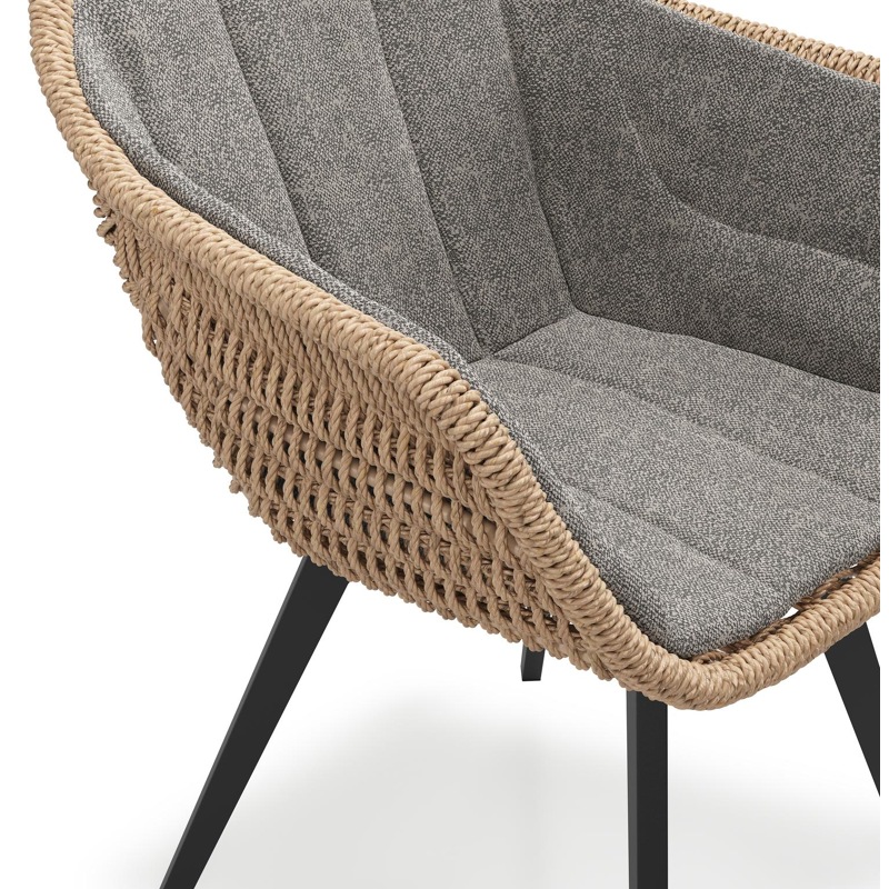 Pagino tuinstoel in zwart aluminium en naturel ronde wicker met zitkussen in All Weather Sunbrella® Luxe Chartres Drizzle