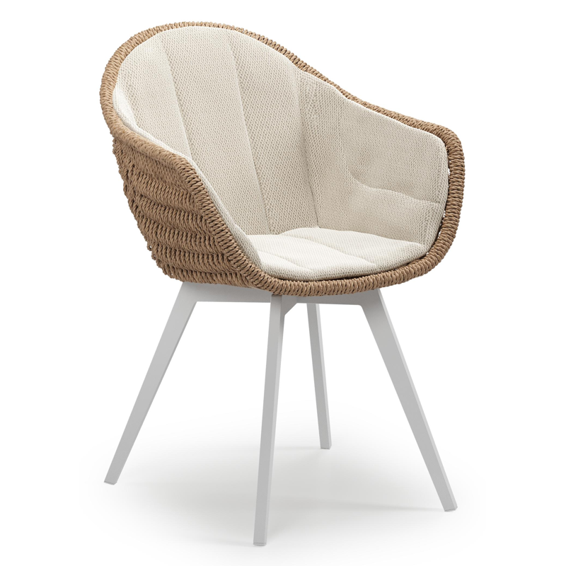 Pagino tuinstoel in wit aluminium en naturel ronde wicker met kussen in lopi marble all weather sunbrella® luxe