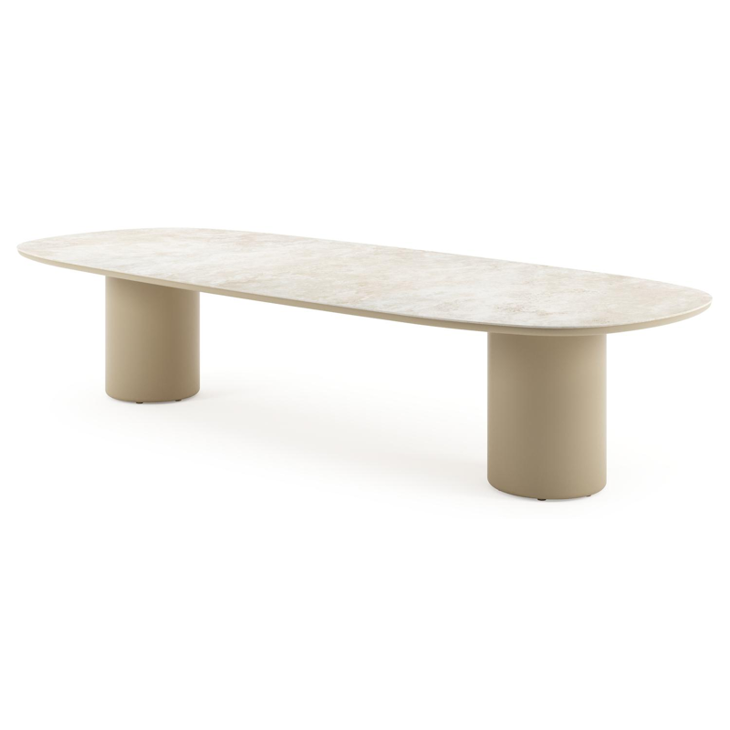 Table de jardin low dining Amico bombo en aluminium beige et céramique pleine Rapolano - Lg. 320 x Lrg. 130 x Haut. 61 cm