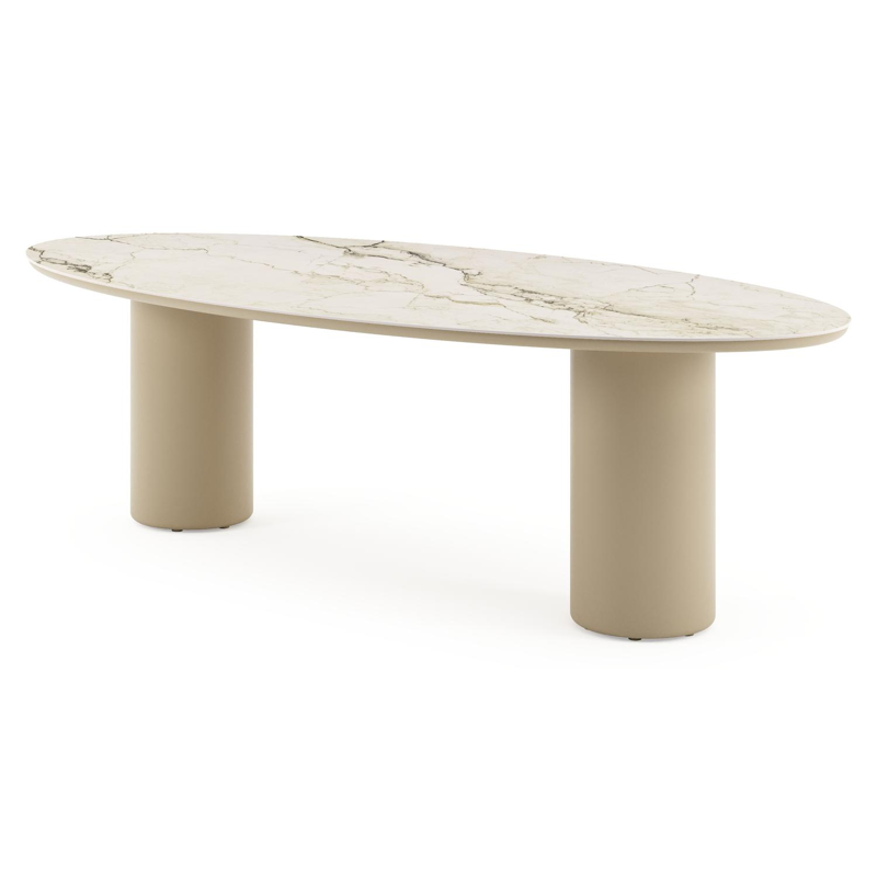 Table de jardin Amico oval en aluminium beige et céramique pleine Colorado Dunes - Lg. 260 x Lrg. 125 x Haut. 73.5 cm