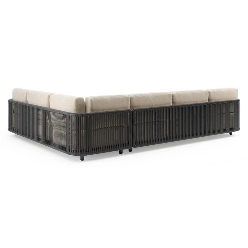 Organo loungehoek in zwart aluminium en zwart verticaal geweven luxe vlakke rope met althea chalk all weather Cosytica kussen