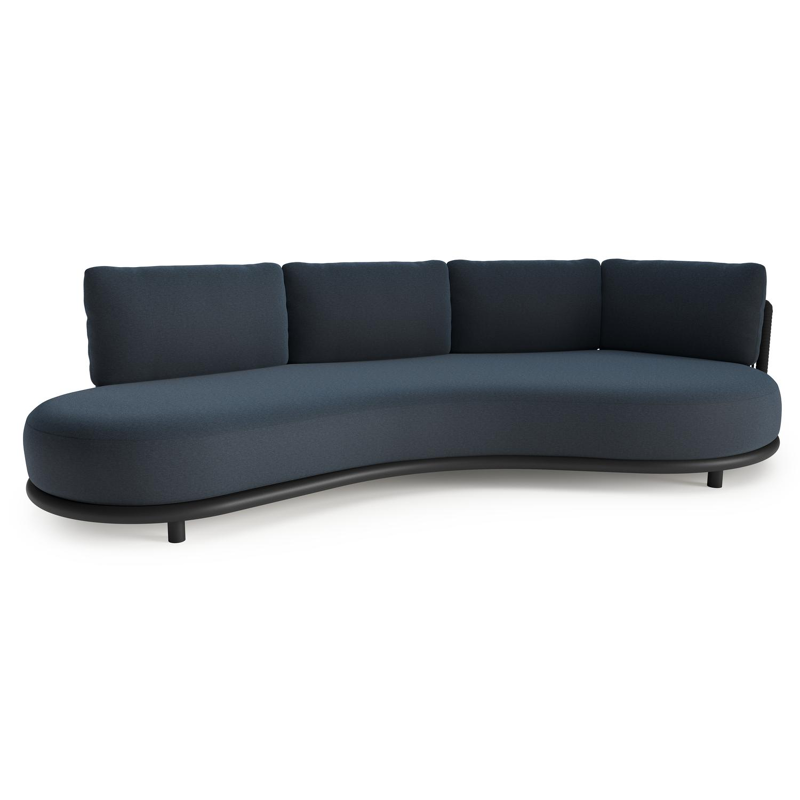 Lomano loungebank in zwart aluminium en zwart verticaal geweven luxe vlakke rope met heritage indigo All Weather Sunbrella® luxe kussen