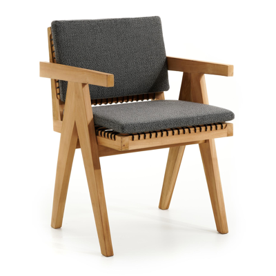 Trentino tuinstoel in teak en naturel ronde wicker met kussen in savane tornado all weather sunbrella® luxe