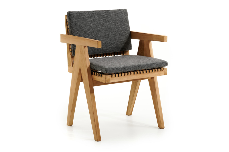 Trentino tuinstoel in teak en naturel ronde wicker met kussen in savane tornado all weather sunbrella® luxe