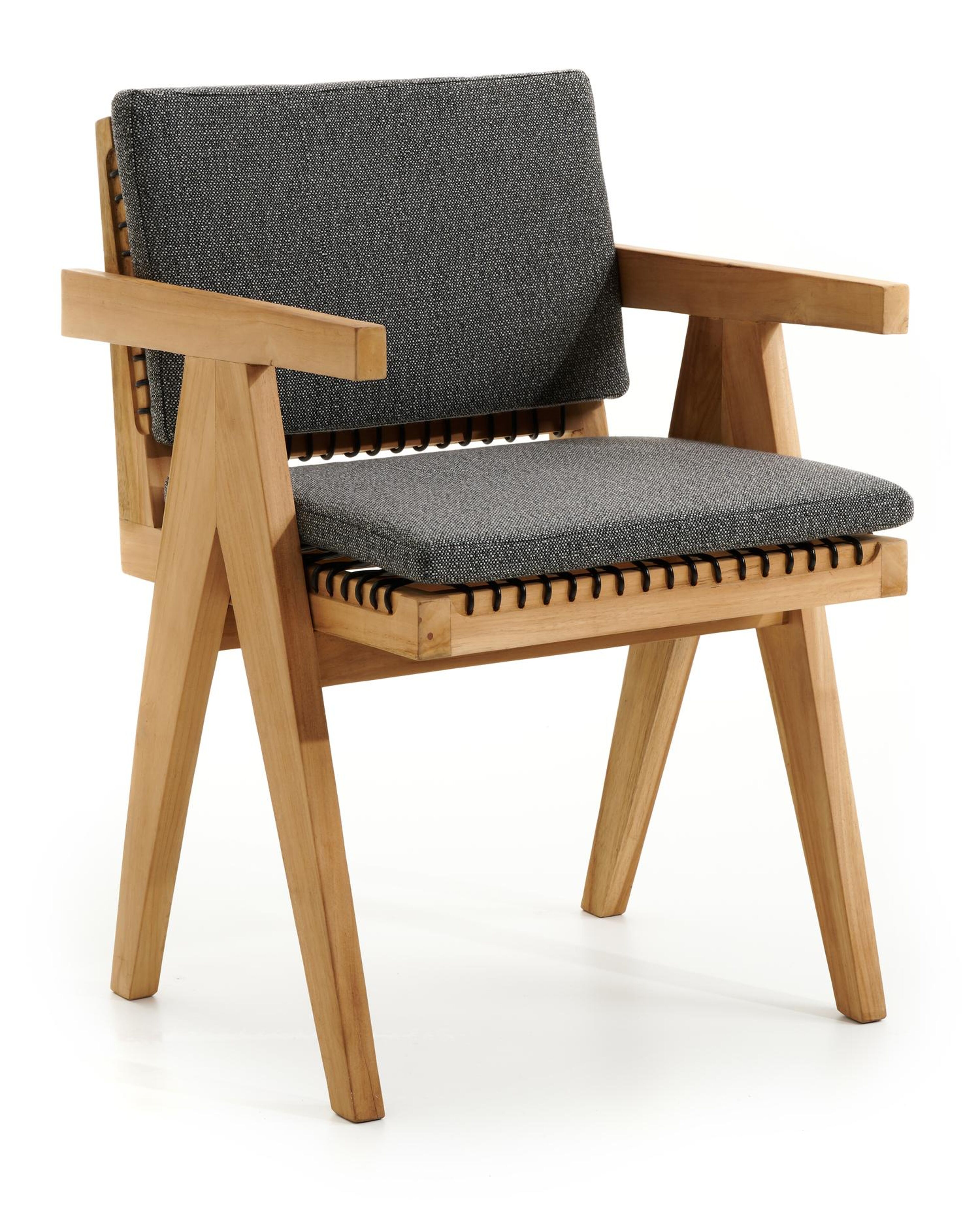 Chaise de jardin Trentino en teck et résine tressée ronde naturel avec coussin en savane tornado all weather sunbrella® luxe