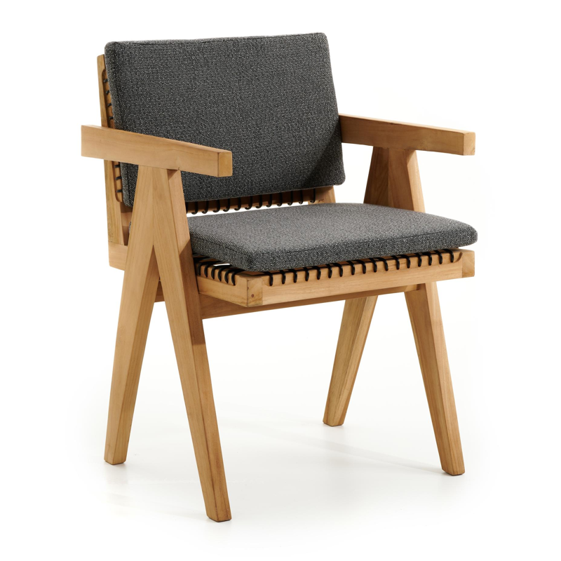 Chaise de jardin Trentino en teck et résine tressée ronde naturel avec coussin en savane tornado all weather sunbrella® luxe