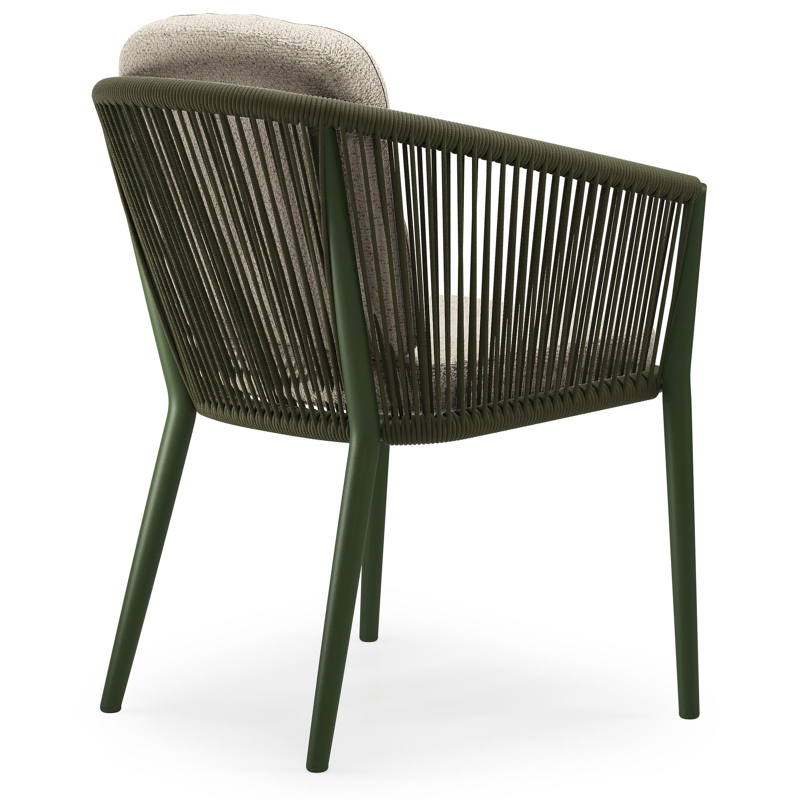 Orso tuinstoel in groen aluminium en groen verticaal geweven ronde rope met luxe zitkussen in All Weather Cosytica Bora Desert