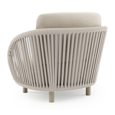 Fauteuil de jardin Lupino en aluminium beige et corde large plate de luxe tissée verticalement beige et coussins en all weather cosytica althea off white