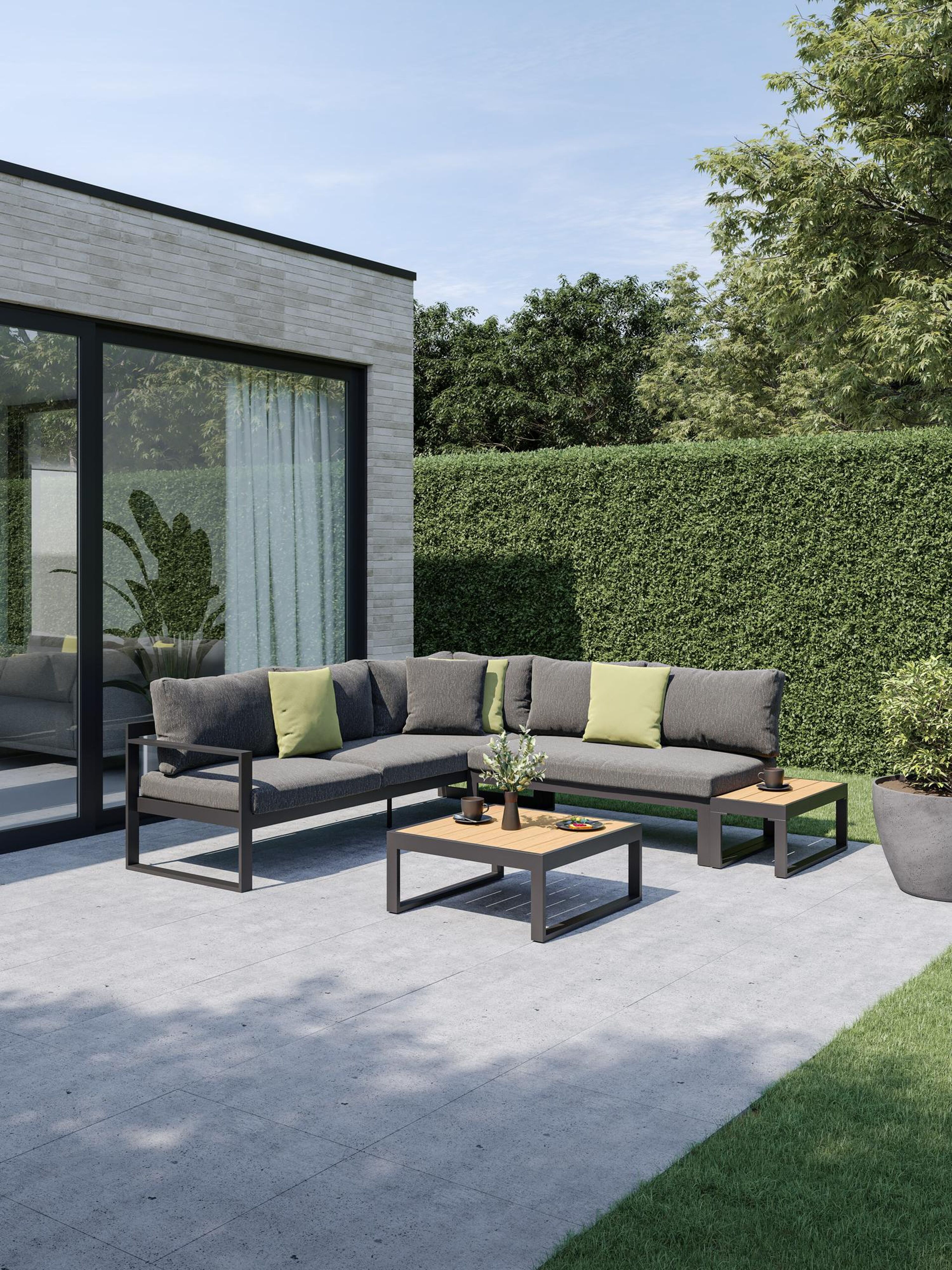 Salon de jardin Alcudia en aluminium noir et coussins en Weather+ Softtouch beige et table basse