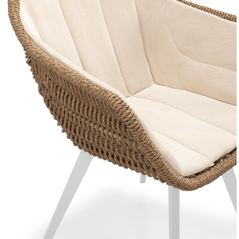 Chaise de jardin Pagino en aluminium blanc et résine tressée ronde brun avec coussin en All Weather Sunbrella® Luxe Natte Linen Chalk