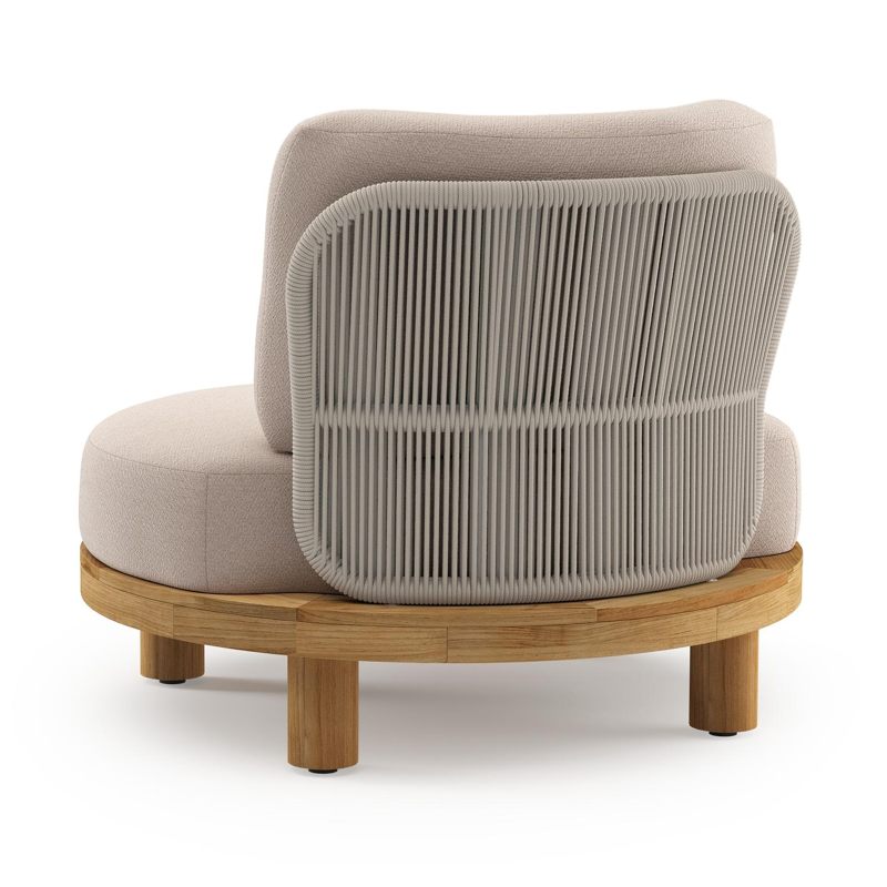 Donato loungestoel in teak en beige verticaal geweven ronde rope met all weather sunbrella® luxe Wander Pilat kussen