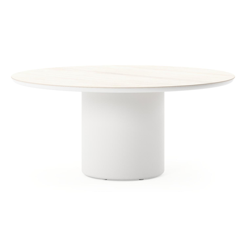 Amico low dining tuintafel rond in wit aluminium en volkeramiek Travertino Bianco - Dia. 148 x H 61 cm