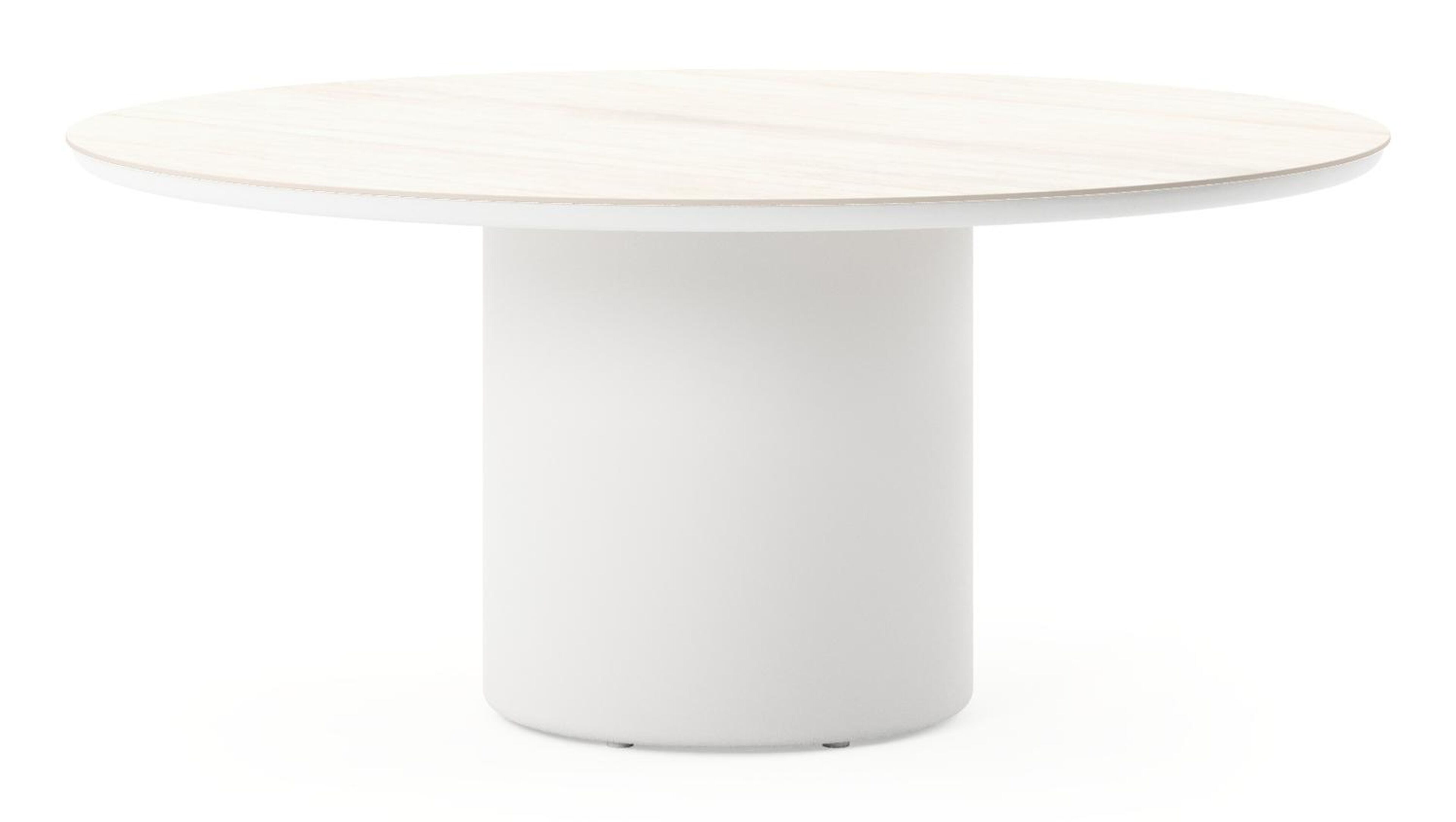 Table de jardin low dining Amico rond en aluminium blanc et céramique pleine Travertino Bianco - Diam. 148 x Haut. 61 cm