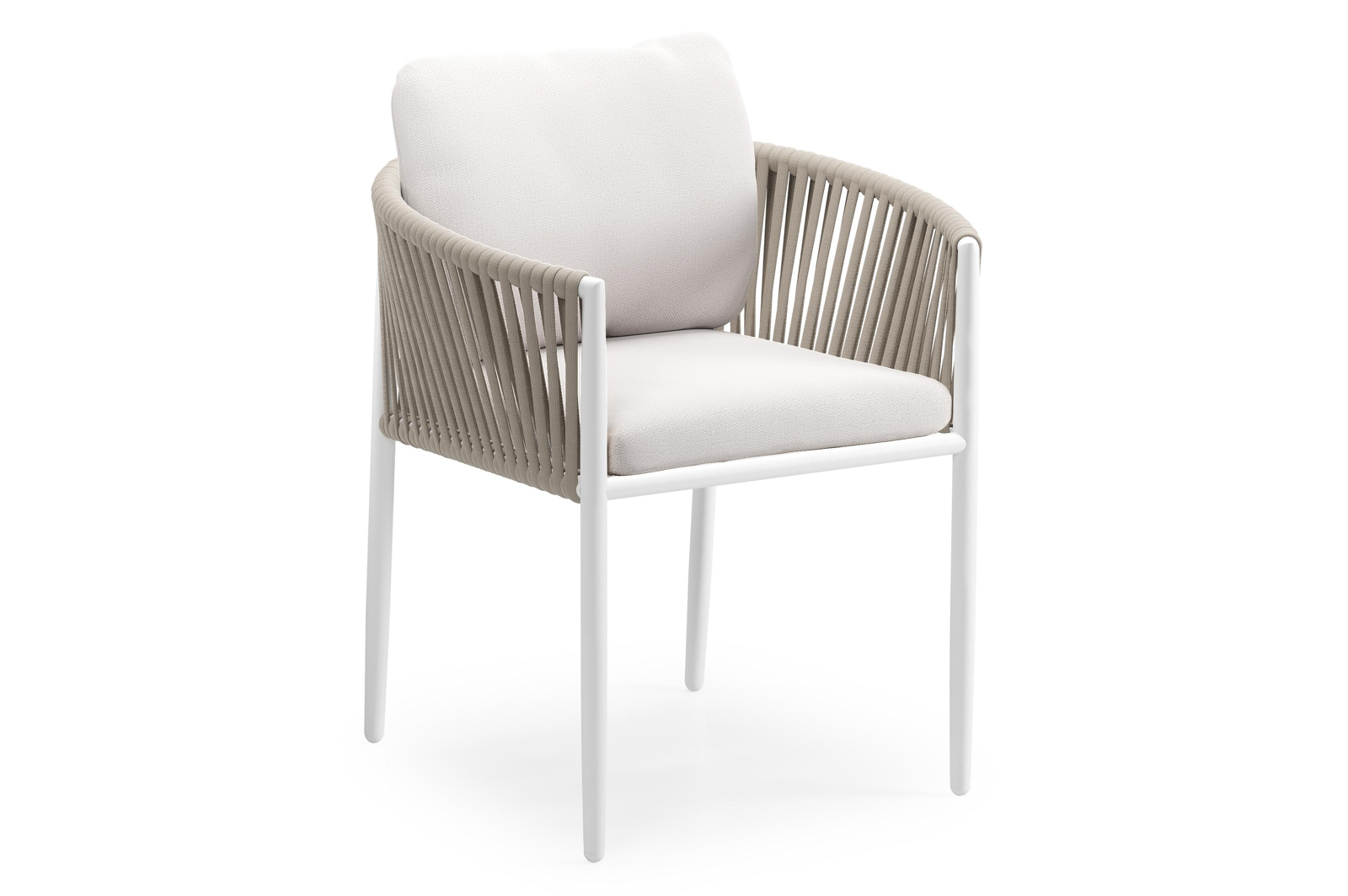 Chaise de jardin Organo en aluminium blanc et corde luxe plate tissée verticalement beige avec coussin en All Weather Sunbrella® Luxe Savane Whisper