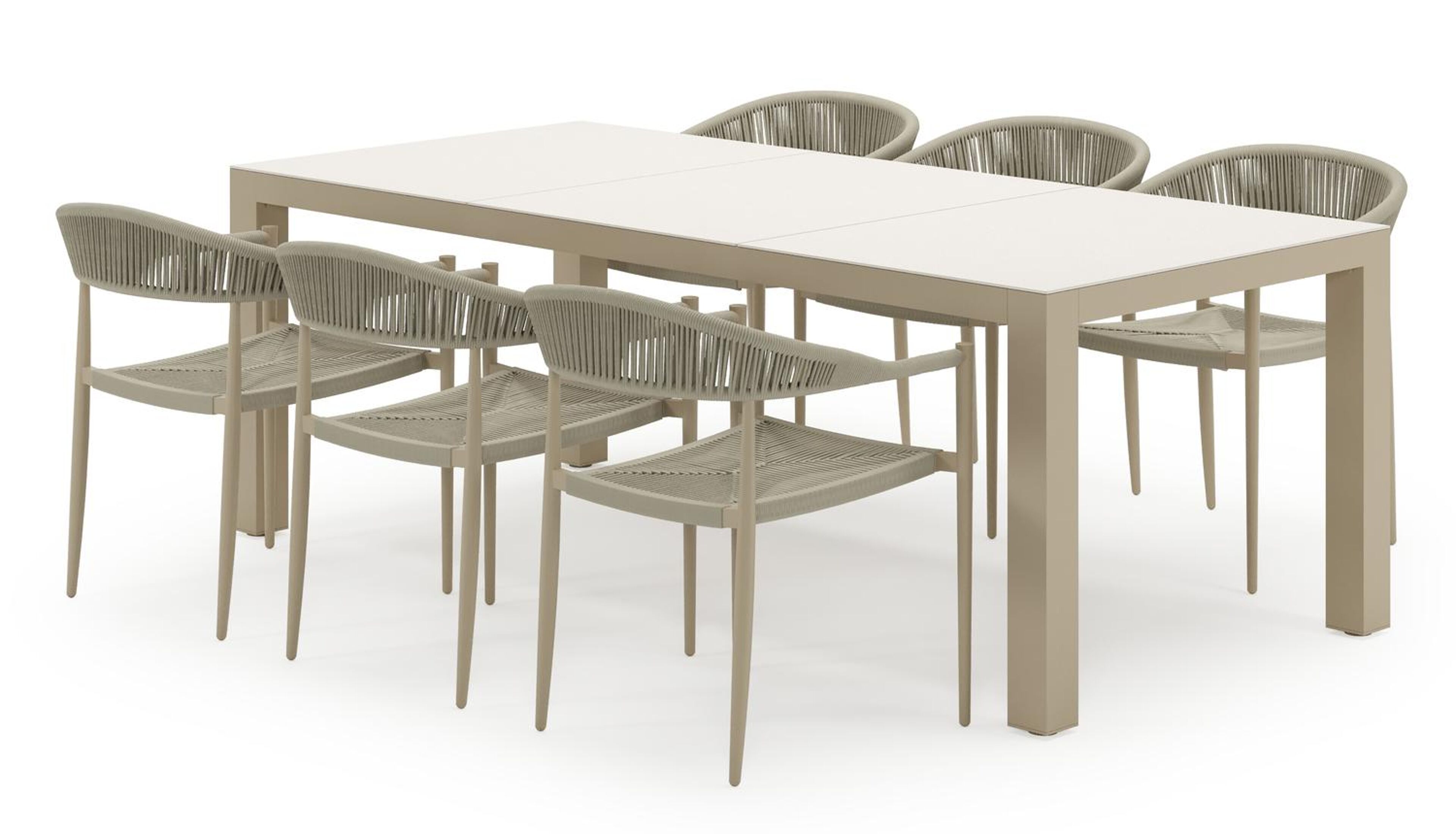 Calzo tuinset in beige aluminium en beige sintered stone met 6 Guarda tuinstoelen