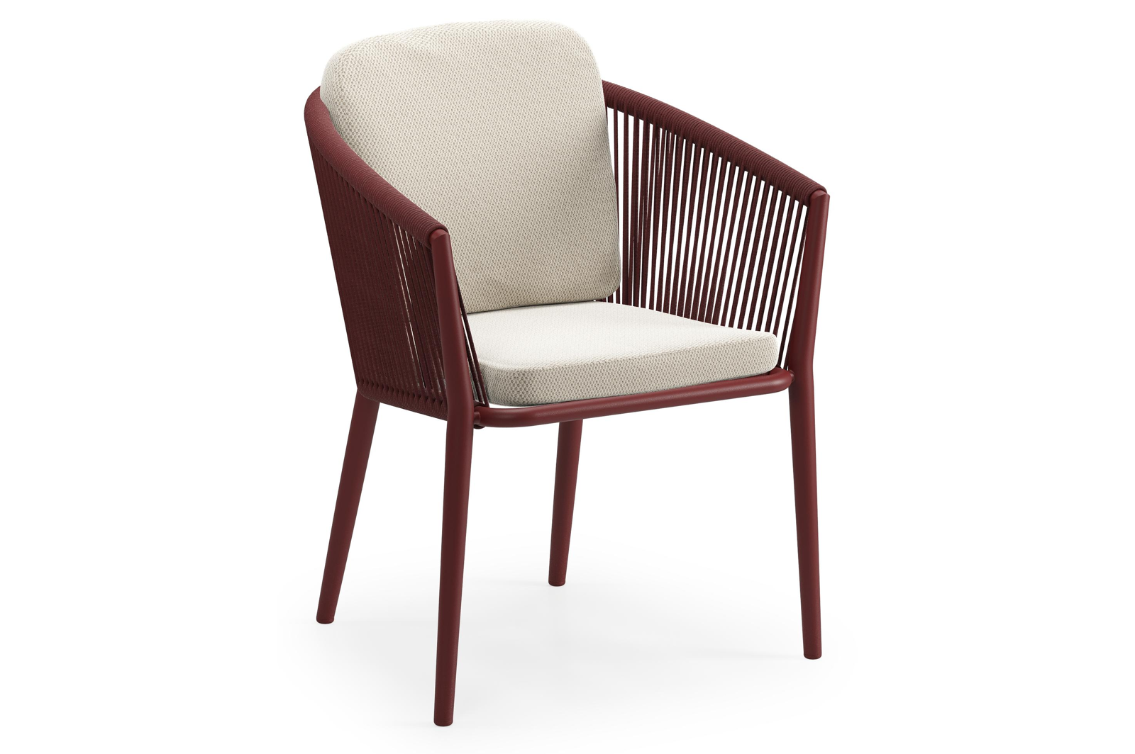 Orso tuinstoel in ruby aluminium en ruby verticaal geweven ronde rope met luxe zitkussen in All Weather Sunbrella® Luxe Lopi Marble