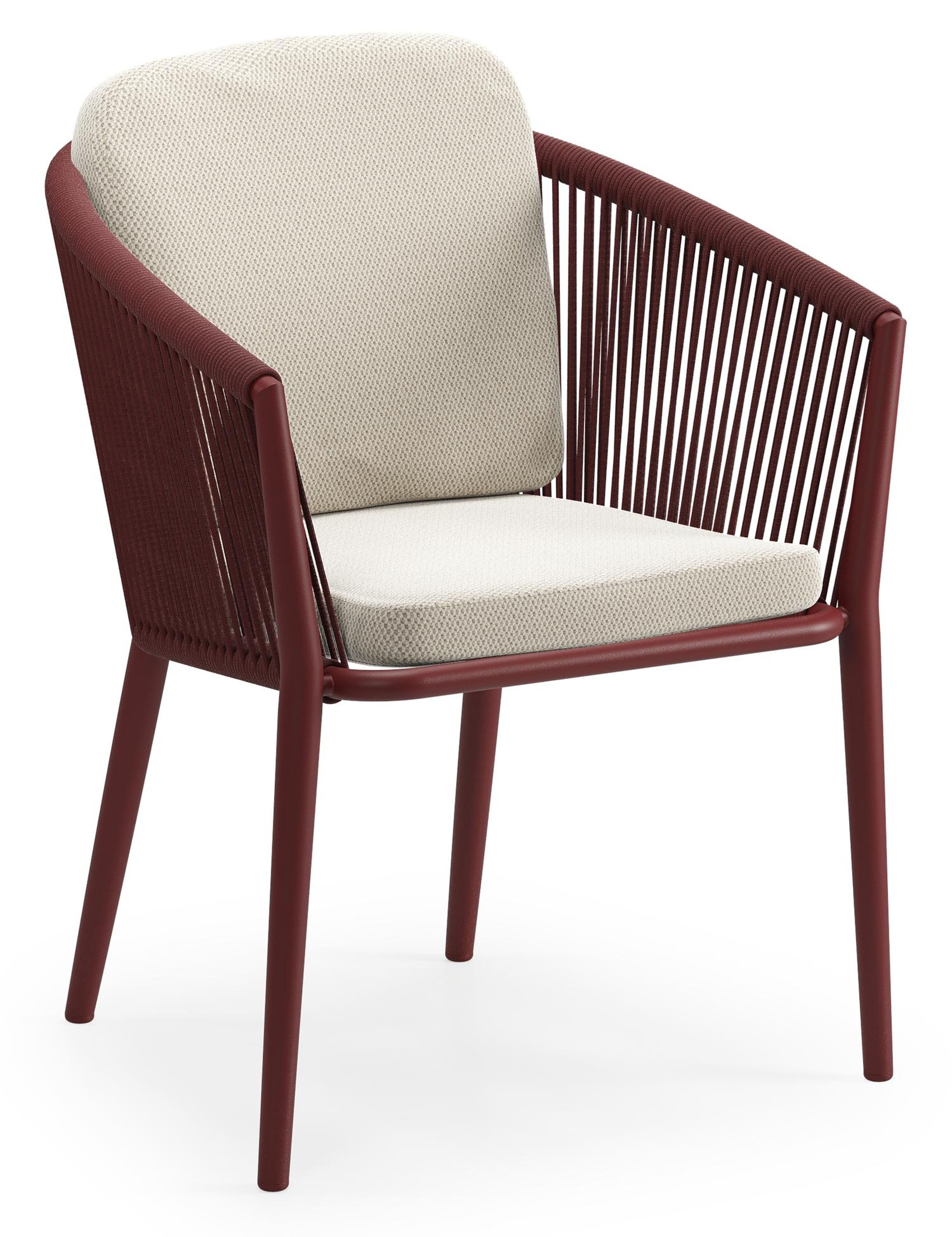 Orso tuinstoel in ruby aluminium en ruby verticaal geweven ronde rope met luxe zitkussen in All Weather Sunbrella® Luxe Lopi Marble