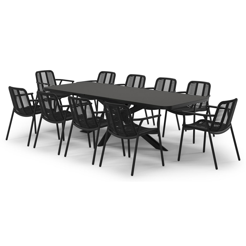 Ensemble de jardin Estella extensible rectangulaire en aluminium noir et sintered stone Notte minerale avec 10 chaises de jardin Berga
