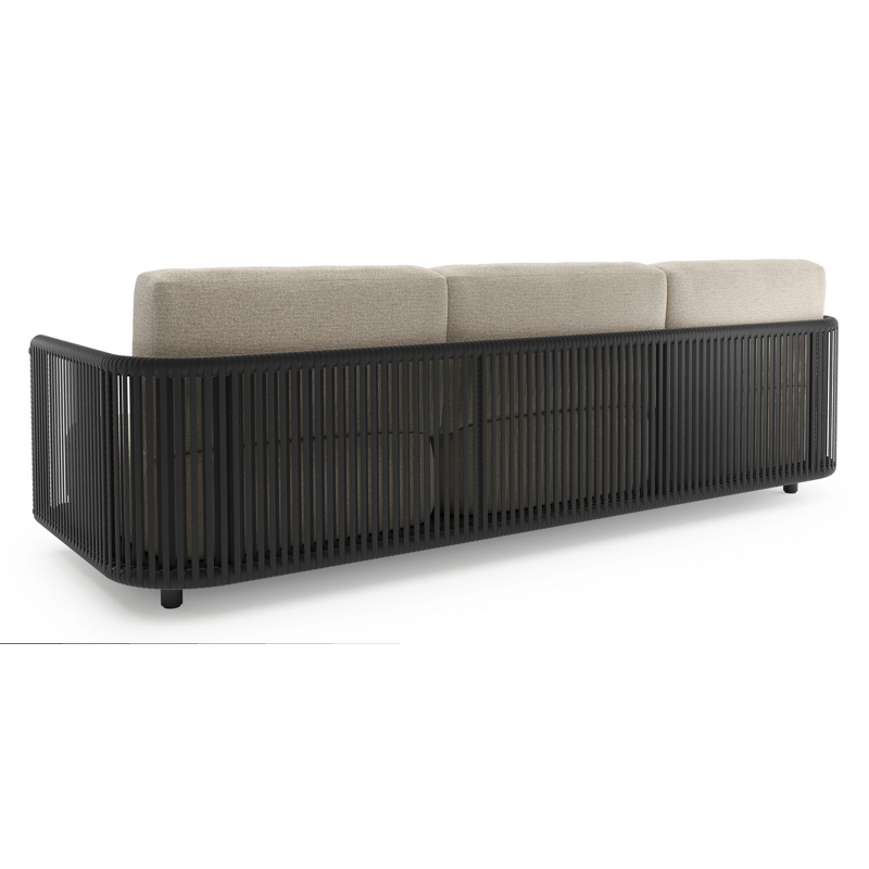 Salon de jardin Organo en aluminium noir et corde luxe plate tissée verticalement noir et coussin en all weather Cosytica catania sand