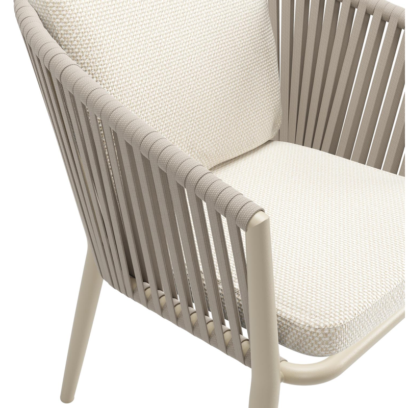 Chaise de jardin Orso en aluminium beige et corde plate tissée verticalement beige avec coussin luxe en All Weather Cosytica Althea Off White