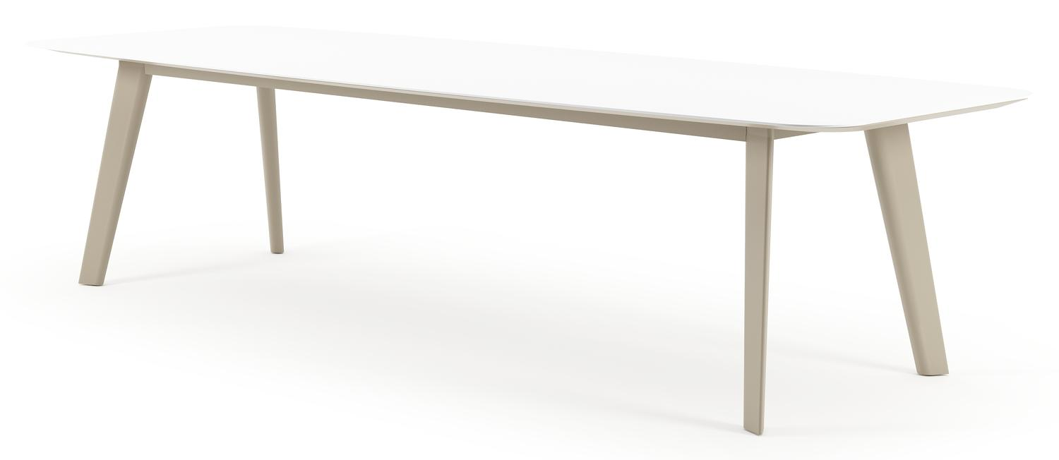 Table de jardin Lacrima forme de bateau en aluminium beige et céramique pleine Arctic White - Lg. 315 x Lrg. 115 x Haut. 73 cm