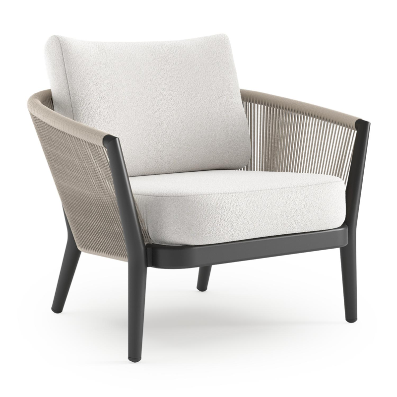 Orso loungestoel in zwart aluminium en beige verticaal geweven ronde rope met Soul Optik all weather solica kussen