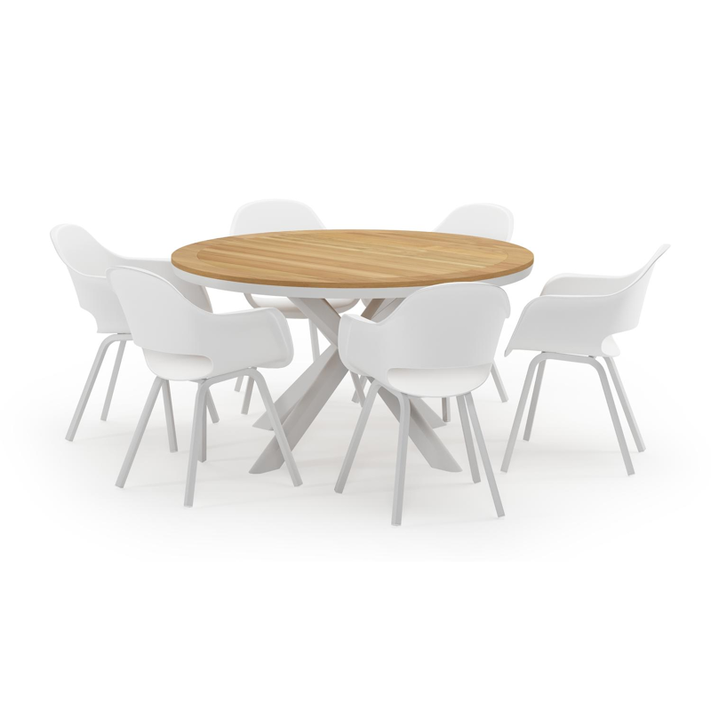 Pamplona ronde tuinset in wit aluminium en teak naturel met 6 Artena tuinstoelen