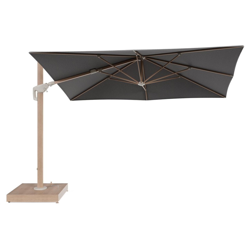 Minore zweefparasol met tiltfunctie in houtlook aluminium en Chartres Drizzle All Weather Sunbrella® Luxe parasoldoek - L1: 280 x L2: 370 cm met parasolvoet Minore 260 kg met wielen