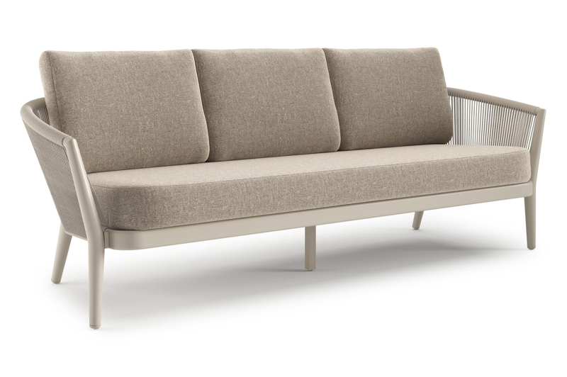 Orso loungebank in beige aluminium en beige verticaal geweven ronde rope met Chartres Pewter all weather sunbrella® luxe kussen