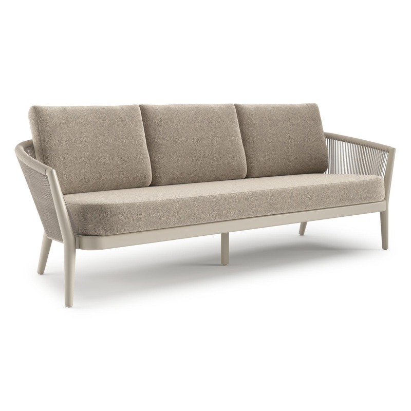 Orso loungebank in beige aluminium en beige verticaal geweven ronde rope met Chartres Pewter all weather sunbrella® luxe kussen