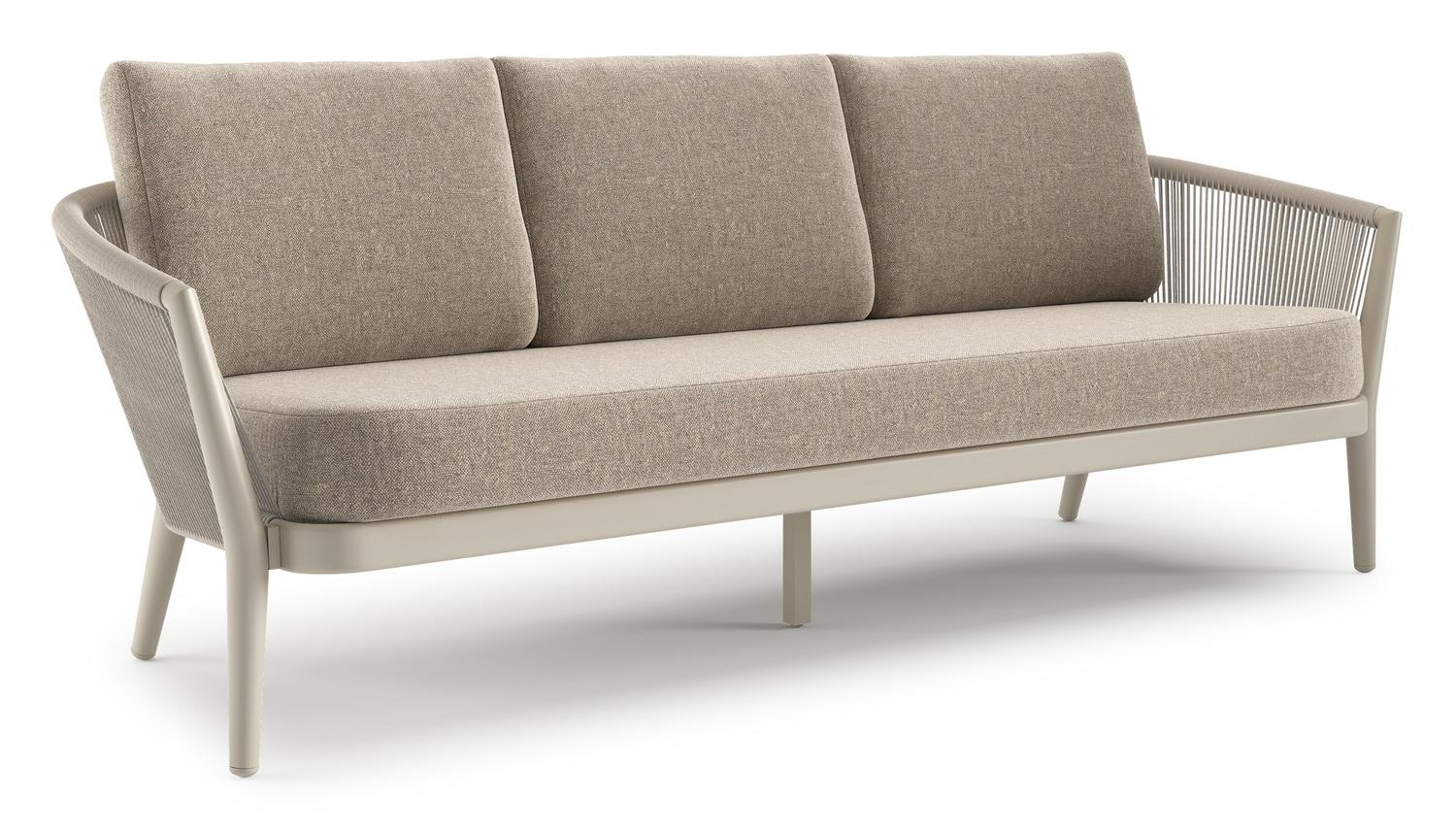 Orso loungebank in beige aluminium en beige verticaal geweven ronde rope met Chartres Pewter all weather sunbrella® luxe kussen