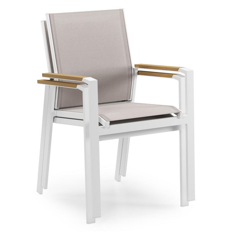 Bahia tuinstoel in wit aluminium en beige textilene en polywood armleuning