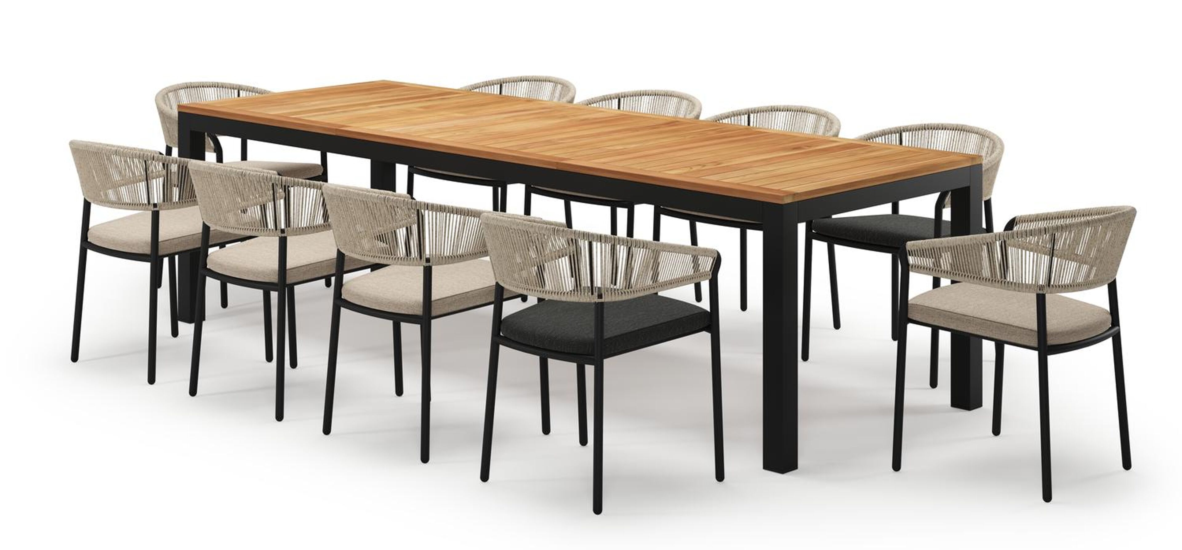 Varese rechthoekige tuinset in zwart aluminium en teak colour finish met 10 Zamora tuinstoelen