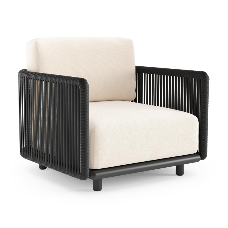 Organo loungestoel in zwart aluminium en zwart verticaal geweven luxe vlakke rope met lopi snow all weather Sunbrella® luxe kussen