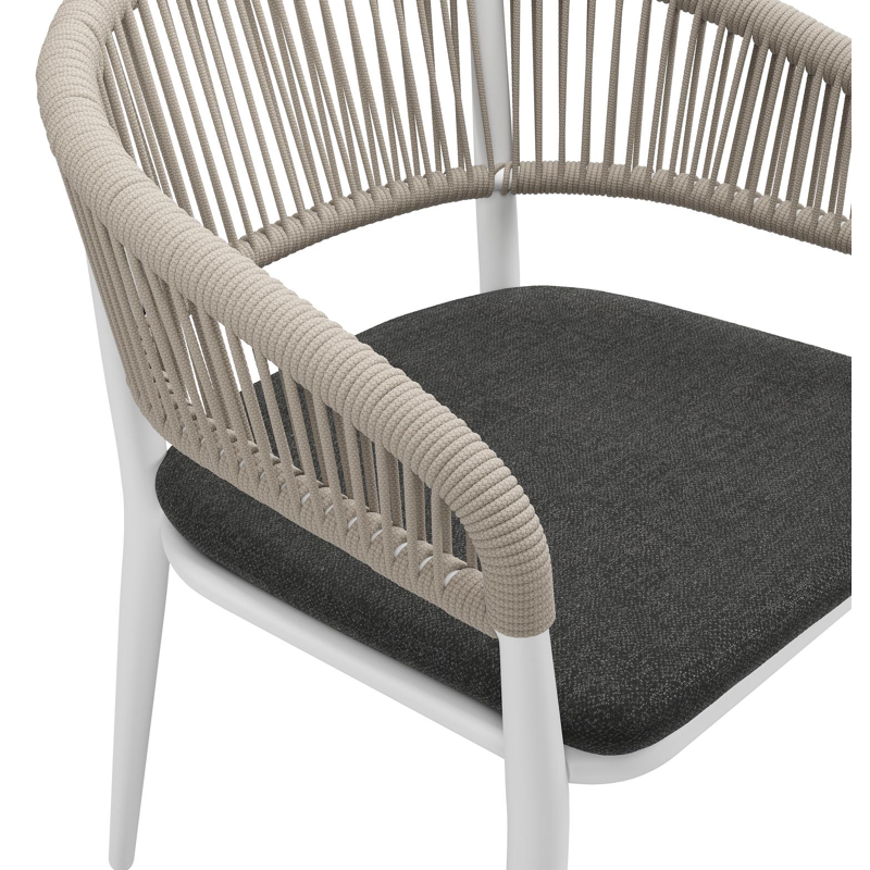 Tolfa stapelbare tuinstoel in wit aluminium en beige verticaal geweven ronde rope met stoelkussen in All Weather Sunbrella® Luxe Chartres Sooty