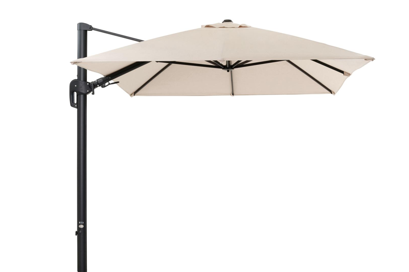 Rufina zweefparasol met tiltfunctie in zwart aluminium met beige all weather sunbrella® premium parasoldoek - L1 350 x L2 250 cm (zonder voet)