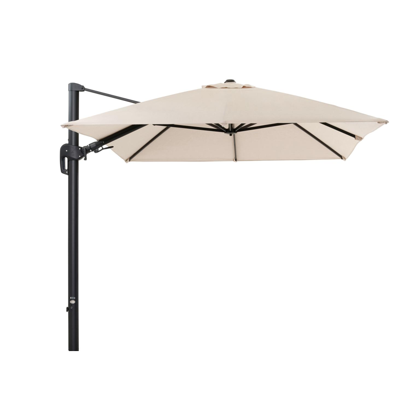 Rufina zweefparasol met tiltfunctie in zwart aluminium met beige all weather sunbrella® premium parasoldoek - L1 350 x L2 250 cm (zonder voet)